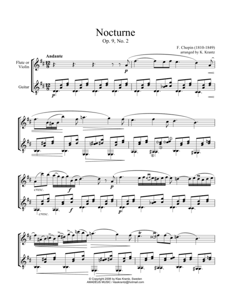 Nocturne Op. 9 No. 2 for violin or flute and guitar (abridged) (arr. K. Krantz)