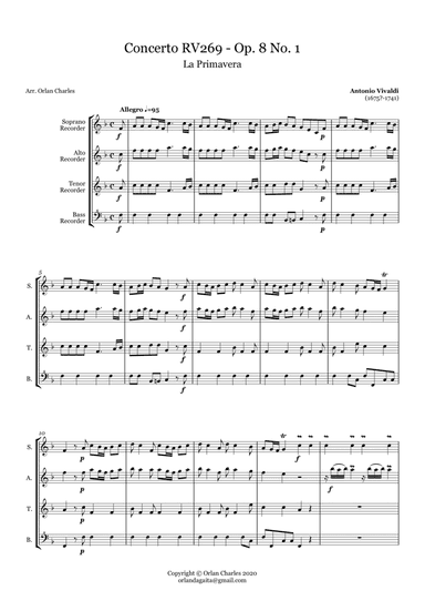 Antonio Vivaldi - Concerto in E major "Spring" - Rv269 - arr. for recorder quartet (arr. Orlan Charles)