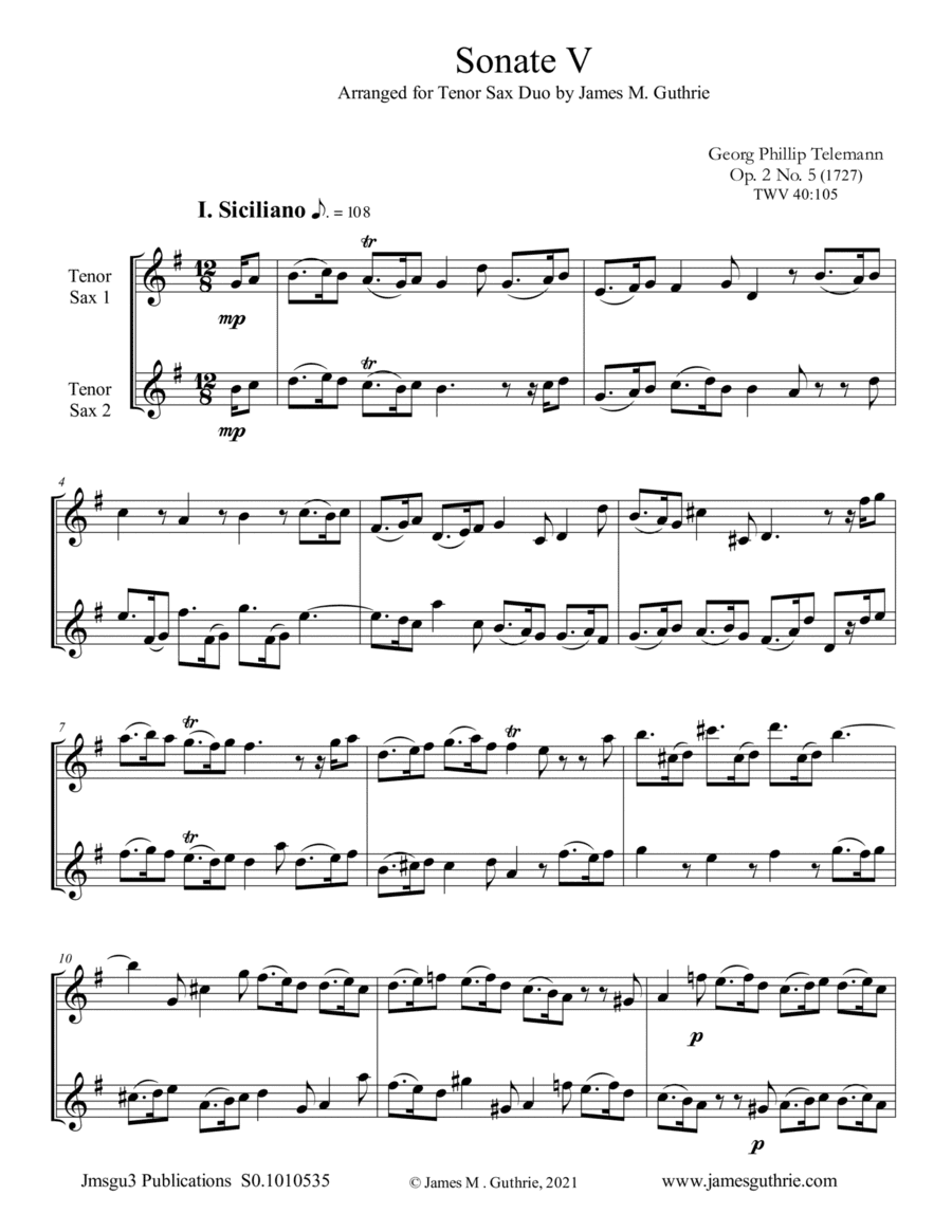 Telemann: Sonata Op. 2 No. 5 for Tenor Sax Duo (arr. James M. Guthrie)