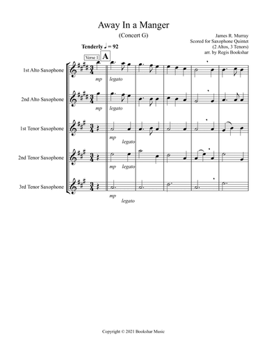 Away in a Manger (G) (Saxophone Quintet - 2 Alto, 3 Tenor) (arr. Regis Bookshar)