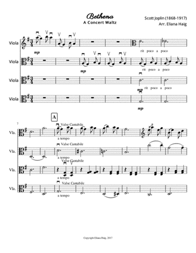 Bethena: Scott Joplin's Ragtime Waltz for Viola Ensemble (arr. Viola Spot Music)