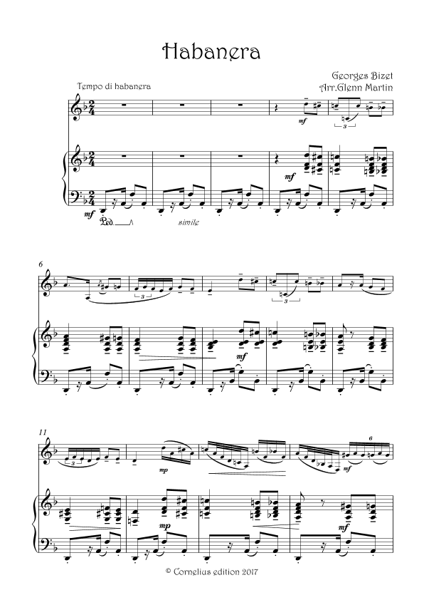 Bizet Carmen. Habanera "L'amour est un oiseau rebelle" arranged for Alto Saxophone & Piano (arr. Glenn Martin)