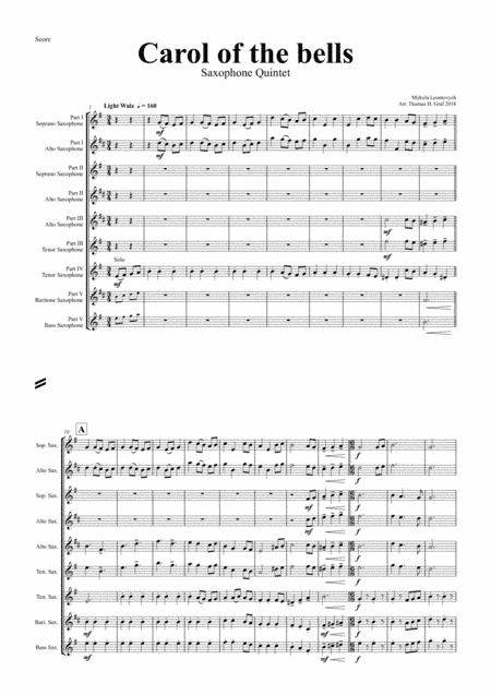 Carol of the Bells - Pentatonix style - Saxophone Quintet (arr. Thomas H. Graf)