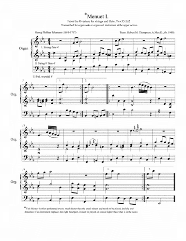 Menuet I for Organ, transcribed for an Overture for strings, recorder and continuo. (arr. Robert M. Thompson, A.Mus.D. (b. 1940))