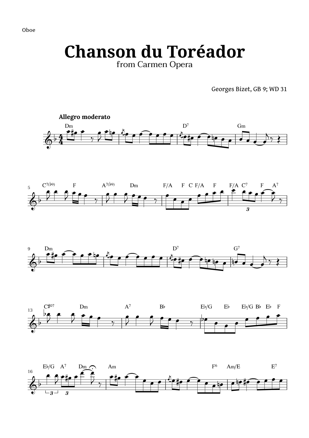 Chanson du Toreador by Bizet for Oboe (arr. Langanho)