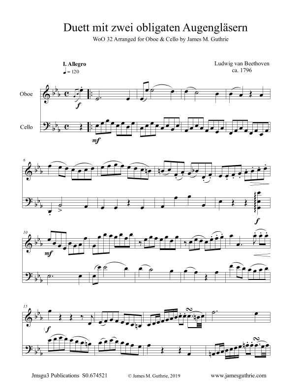 Beethoven: Duet WoO 32 for Oboe & Cello (arr. James M. Guthrie, ASCAP)