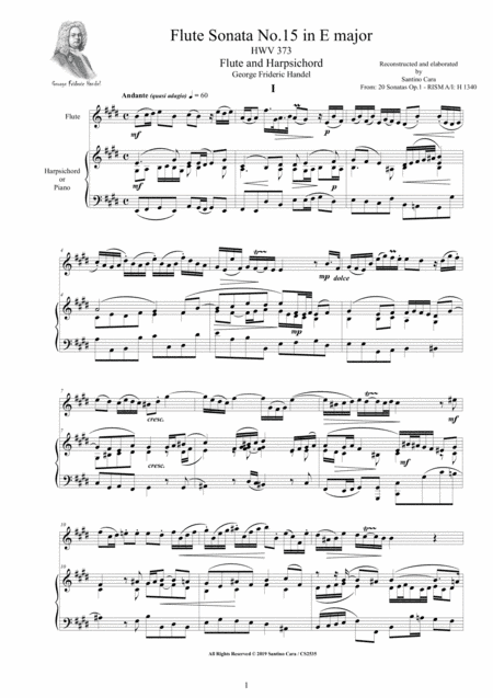 Handel - Flute Sonata No.15 in E major HWV 373 Op.1 for Flute and Harpsichord (or Piano) (arr. Santino Cara)