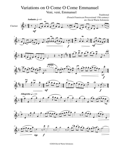 Variations on O come o come Emmanuel (Veni Veni Emmanuel) for clarinet solo (arr. David Warin Solomons)