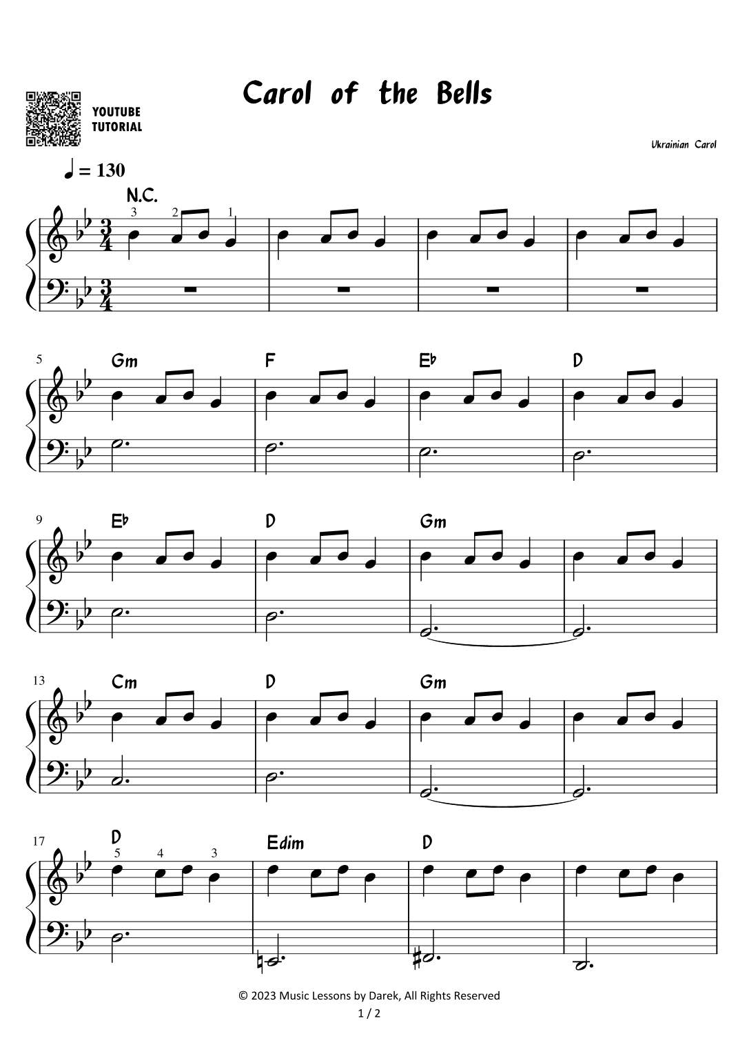 Carol of the Bells - Christmas Carol [EASY PIANO] (arr. Darek)