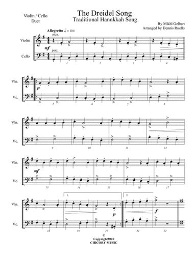 The Dreidel Song - Violin/Cello Duet - Intermediate (arr. Dennis Ruello)