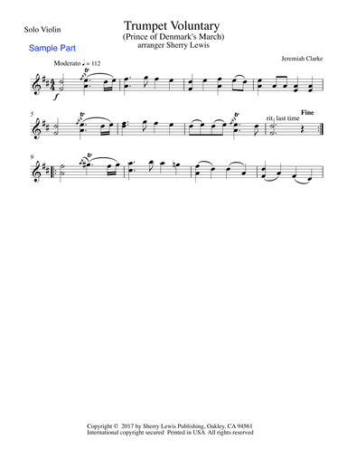 TRUMPET VOLUNTARY (The Prince of Denmark) Jeremiah Clarke, Violin Solo, Intermediate Level (arr. Sherry Lewis)