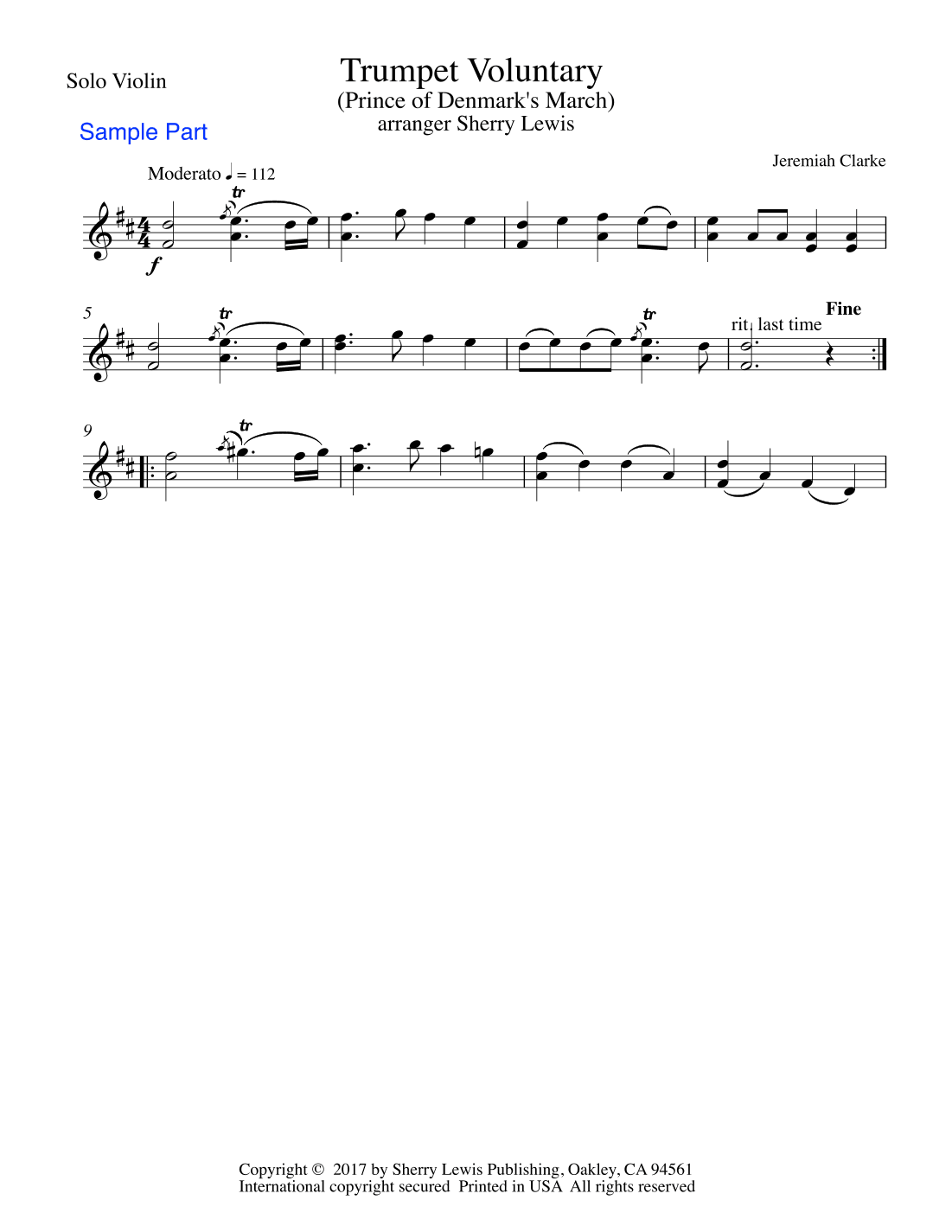 TRUMPET VOLUNTARY (The Prince of Denmark) Jeremiah Clarke, Violin Solo, Intermediate Level (arr. Sherry Lewis)