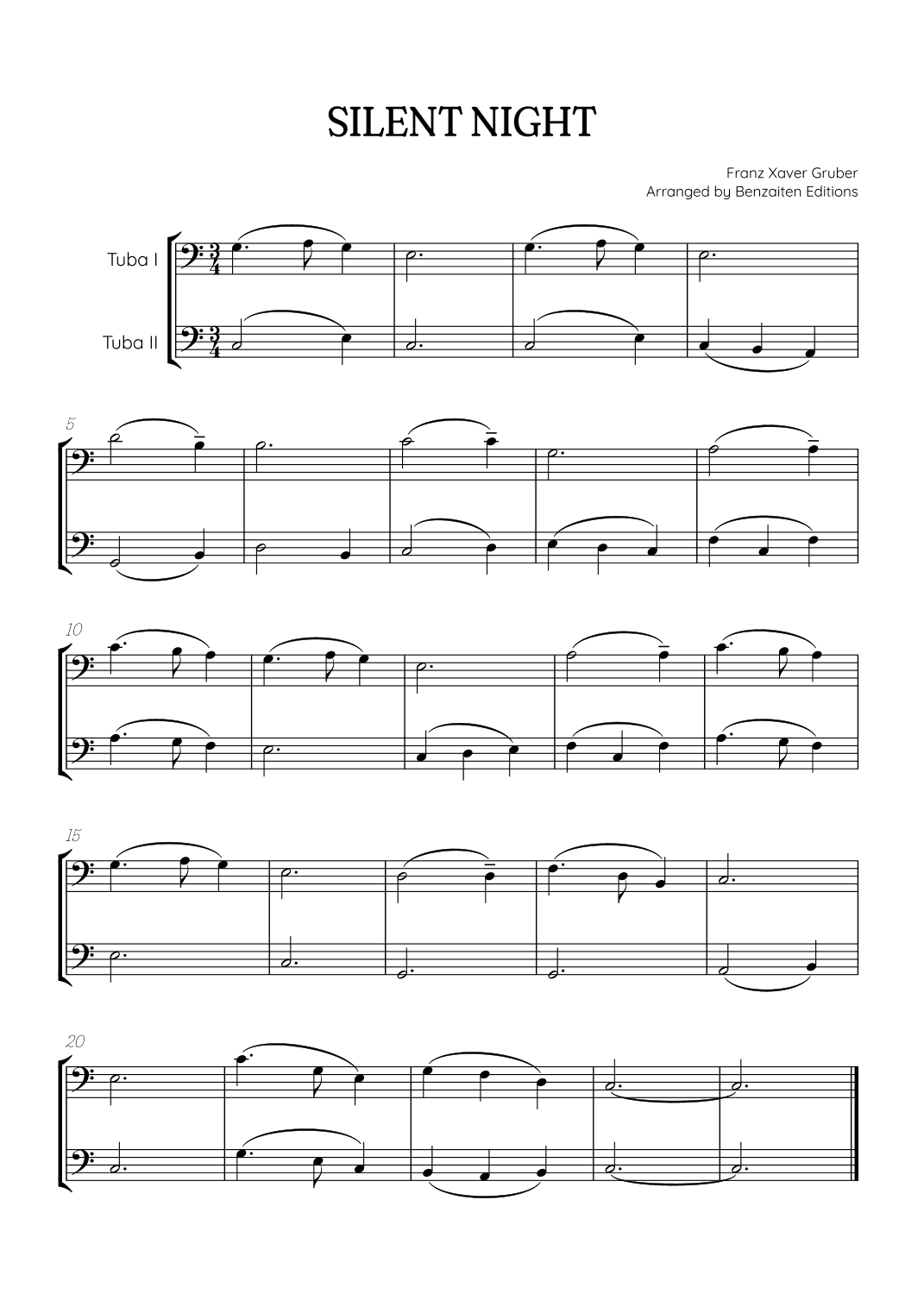 Silent Night for tuba duet • easy Christmas song sheet music (arr. Benzaiten Editions)