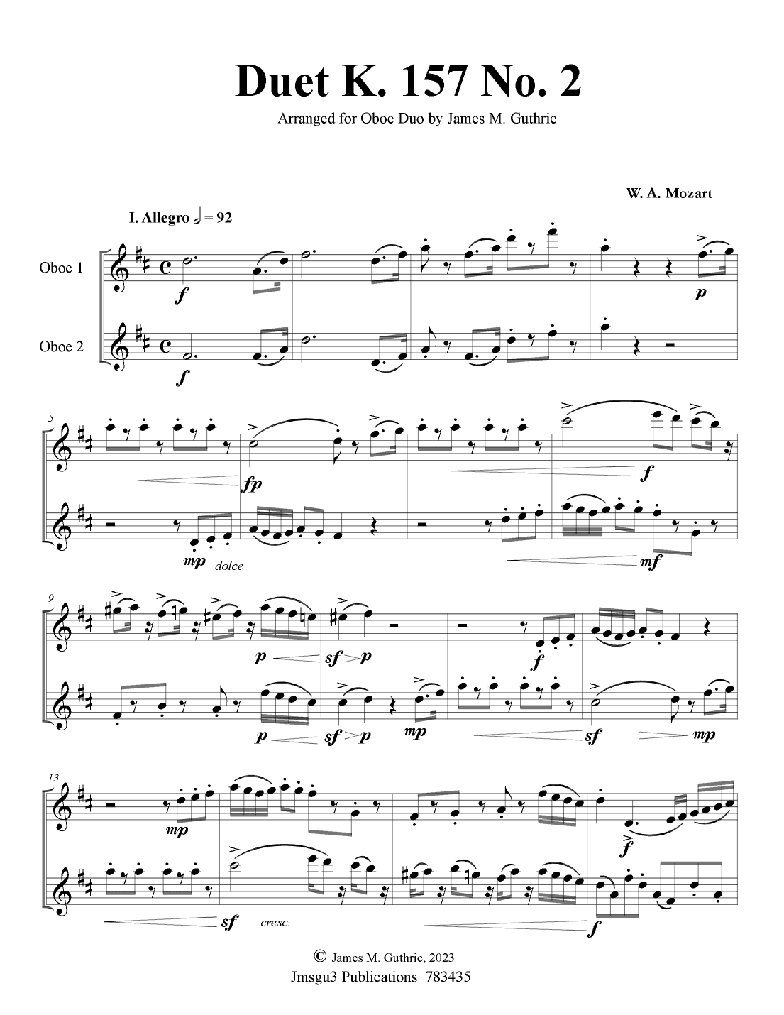 Mozart: Duet K. 157 No. 2 for Oboe Duo (arr. James M. Guthrie)