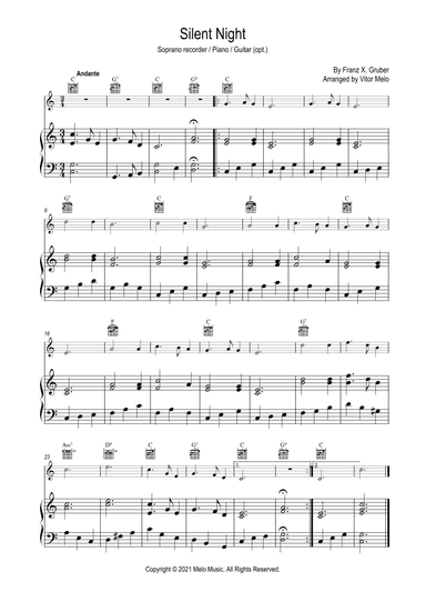 Silent Night - for soprano recorder, piano and guitar (arr. Vitor Melo)