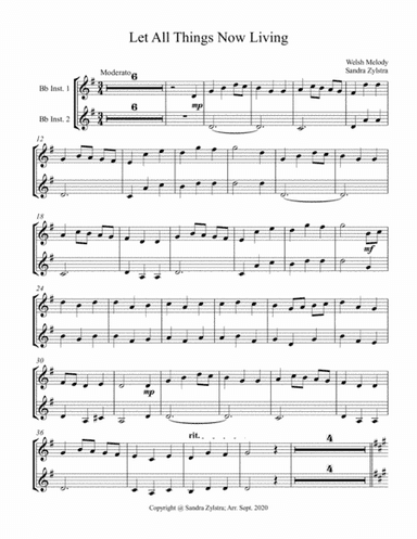 Let All Things Now Living (treble Bb instrument duet -parts only) (arr. Sandra Zylstra)