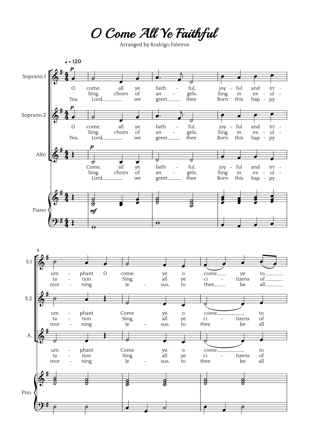 O Come All Ye Faithful (SSA choir and piano accompaniment) (arr. Rodrigo Faleiros)