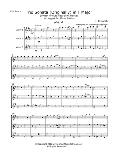 Pepusch, J. - Sonata in F (Mvt. 4) for Three Violins (arr. Linda M. Scott)