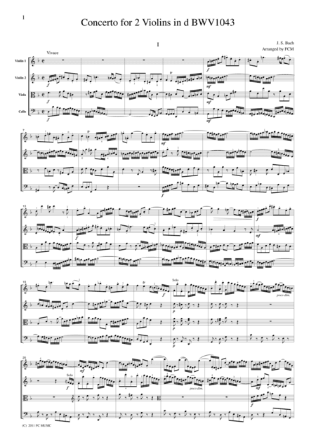 J.S.Bach  Concerto for 2 Violins in d BWV1043, for string quartet, CB224 (arr. FCMUSIC)