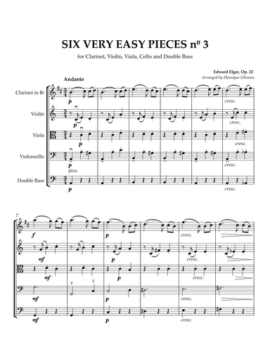 Six Very Easy Pieces nº 3 (Andante) - For Clarinet, Violin, Viola, Cello and Double Bass (arr. Henrique Oliveira)