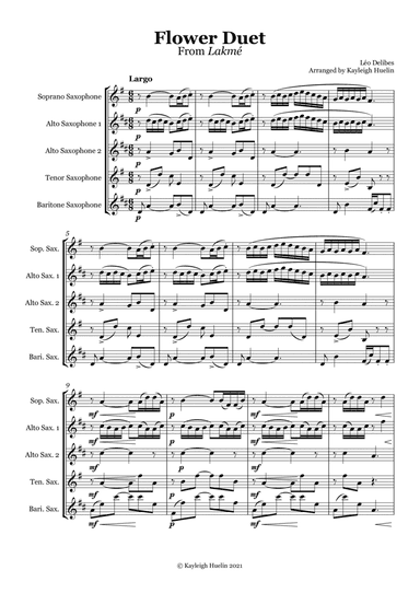 Flower Duet from Lakmé by Delibes - Saxophone quintet (SAATB) (arr. Kayleigh Huelin)
