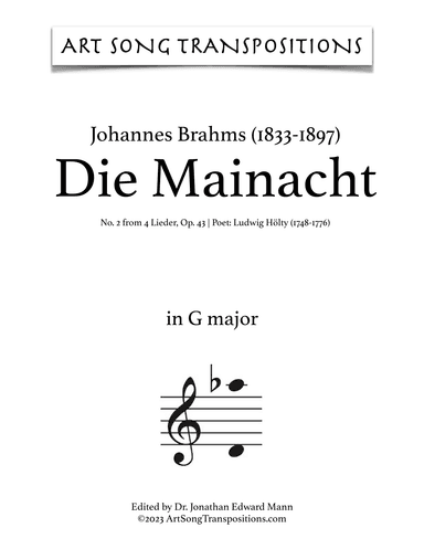 BRAHMS: Die Mainacht, Op. 43 no. 2 (transposed to G major) (arr. ArtSongTranspositions.com)