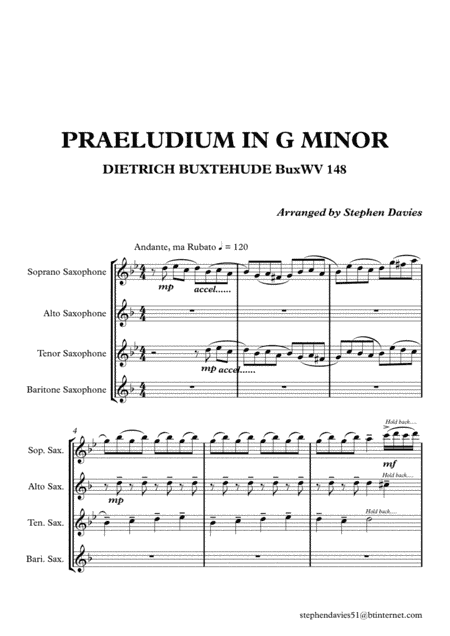 Praeludium & Fugue in G Minor by Dietrich Buxtehude (Buxwv148) for Saxophone Quartet. (arr. Stephen Davies)