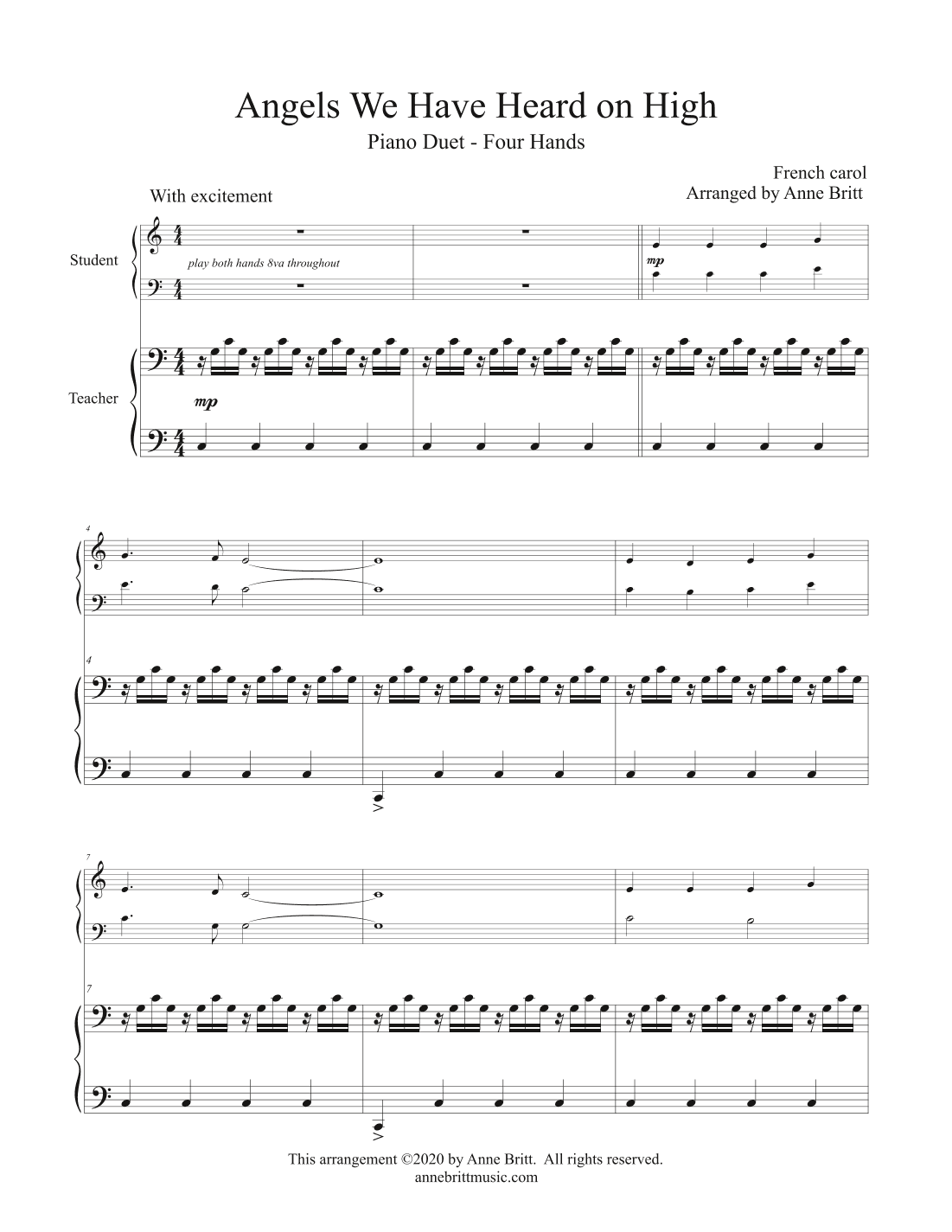 Angels We Have Heard on High (late elementary student/teacher piano duet, key of C) (arr. Anne Britt)