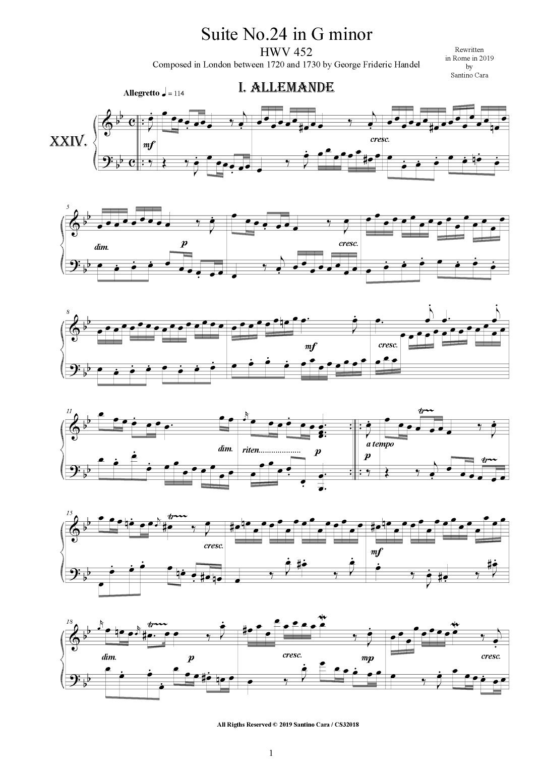 Handel - Piano Suite No.24 in G minor HWV 452 (arr. Santino Cara)