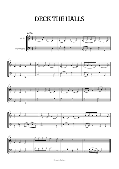 Deck the Halls for violin and cello duet • intermediate Christmas song sheet music (arr. Benzaiten Editions)