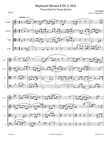 Scarlatti: sonata in D minor K 92 (L 362) arr. for String Quartet (arr. D Oppenheim)