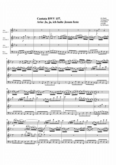 Aria: Ja, ja, ich halte Jesum feste from cantata BWV 157 (arrangement for 4 recorders) (arr. Gil Garty)