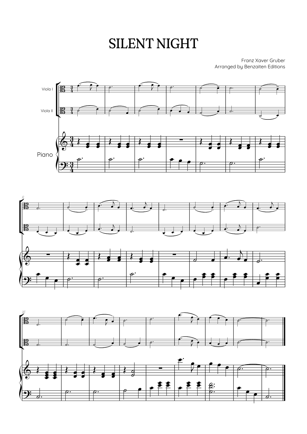 Silent Night for viola duet with piano accompaniment • easy Christmas song sheet music (arr. Benzaiten Editions)