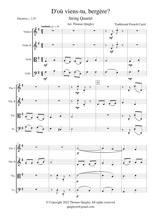 D' où viens - tu bergerè? (arr. Thomas Quigley)