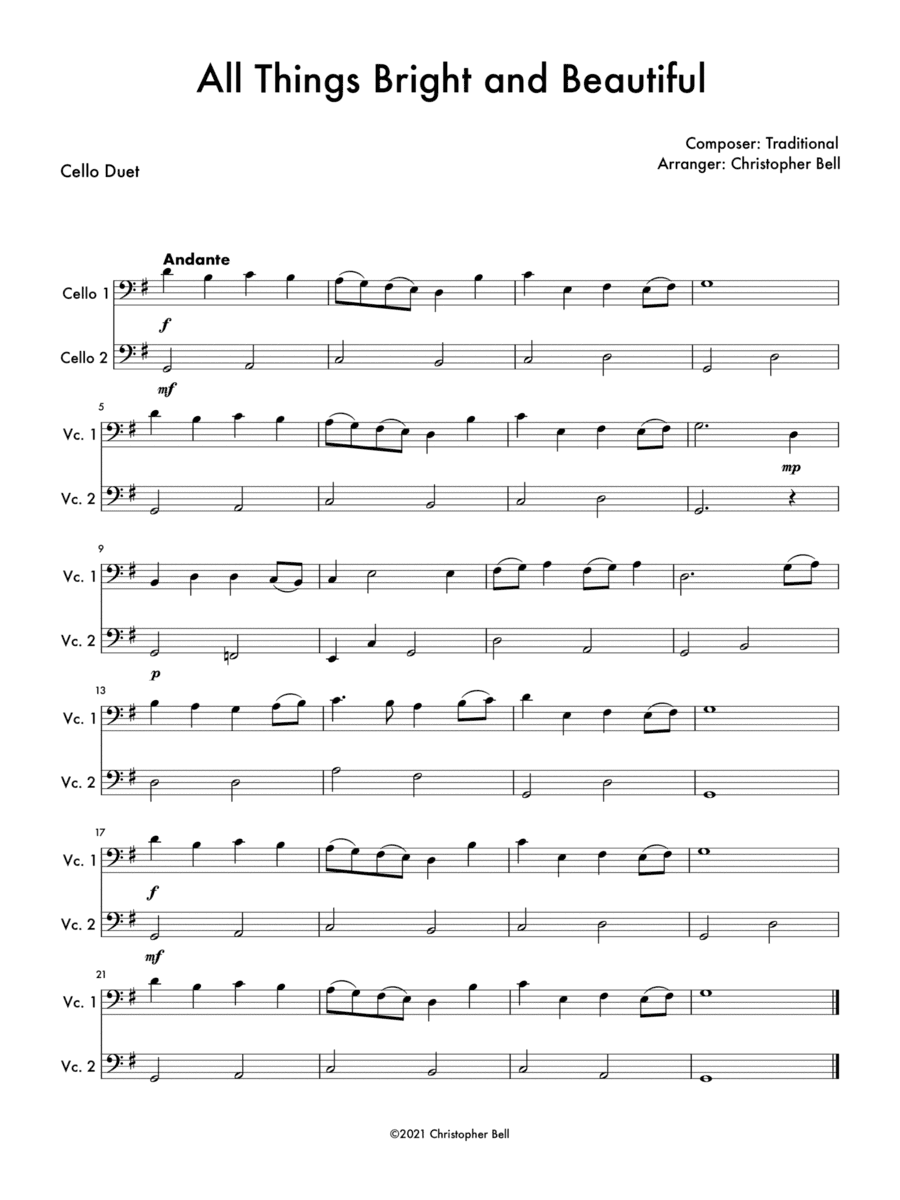 All Things Bright and Beautiful - Easy Cello Duet (arr. Christopher Bell)