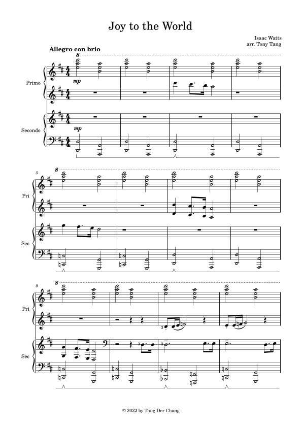 Joy to the World (Piano Duet) (arr. Tony Tang)