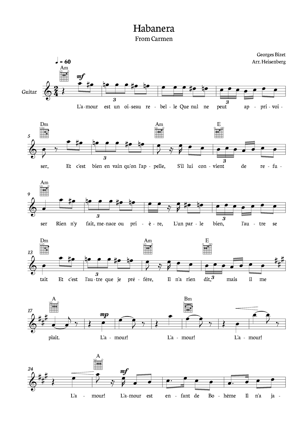 Habanera from Carmen for Guitar with chords and lyrics. (arr. Heisenberg)