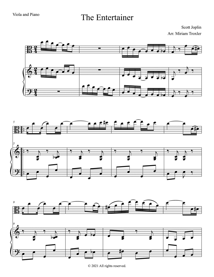 The Entertainer Duet for Viola and Piano (arr. Miriam Troxler)