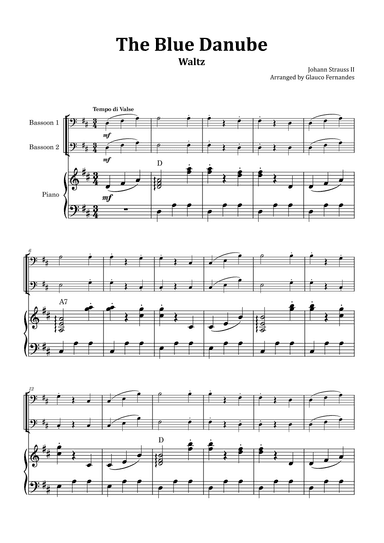 The Blue Danube - Bassoon Duet with Piano and Chord Notations (arr. Glauco Fernandes)