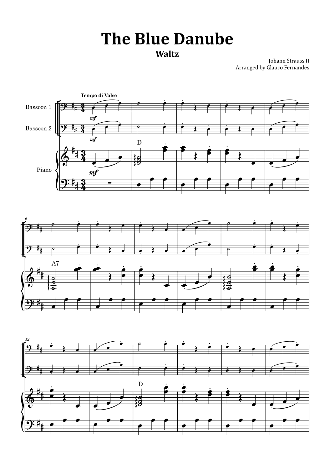 The Blue Danube - Bassoon Duet with Piano and Chord Notations (arr. Glauco Fernandes)
