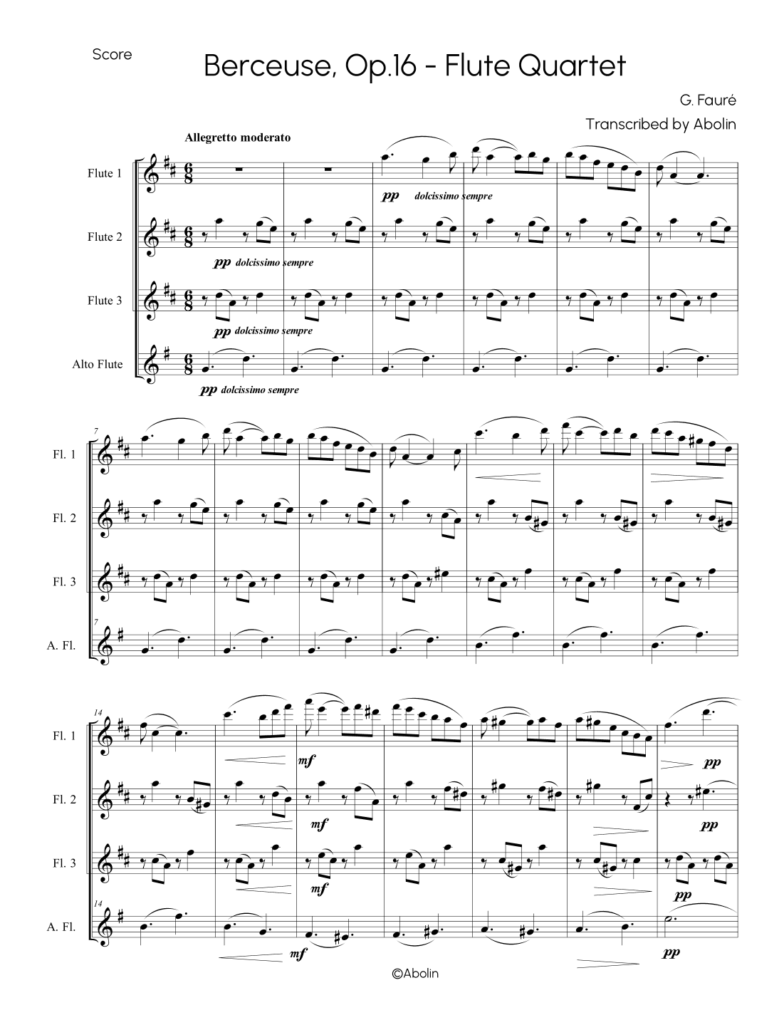 Faure: Berceuse Op.16 - Flute Quartet (Flute Choir) (arr. Abolin)