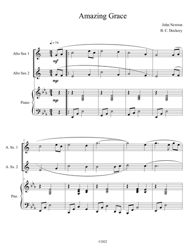 Amazing Grace (Alto Sax Duet with Piano Accompaniment) (arr. B. C. Dockery)