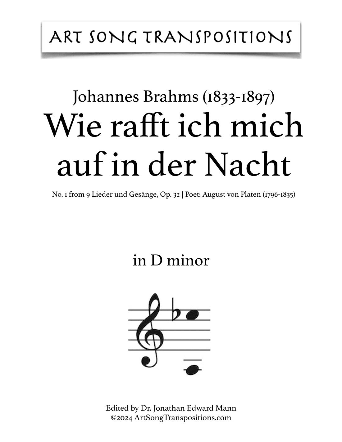 BRAHMS: Wie rafft ich mich auf in der Nacht, Op. 32 no. 1 (transposed to C-sharp minor, bass clef) (arr. ArtSongTranspositions.com)
