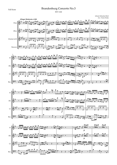 Brandenburg Concerto No. 3 in G major, BWV 1048 1st Mov. (J.S. Bach) for Woodwind Quartet (arr. Victor Drake)