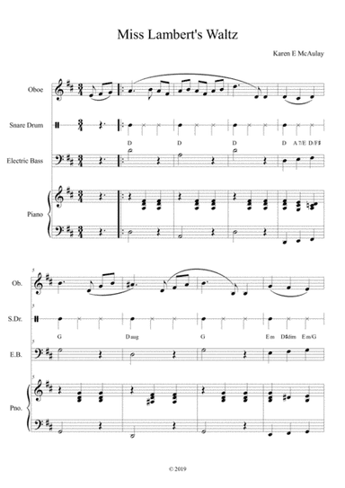 Miss Lambert's Waltz - oboe and piano, optional side drum, bass & guitar