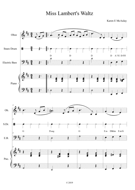 Miss Lambert's Waltz - oboe and piano, optional side drum, bass & guitar