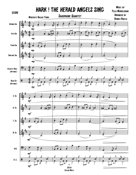 HARK! THE HERALD ANGELS SING - Sax Quartet (SATB/AATB) w/ optional Acoustic Bass and Drum Set parts (arr. Dennis Ruello)