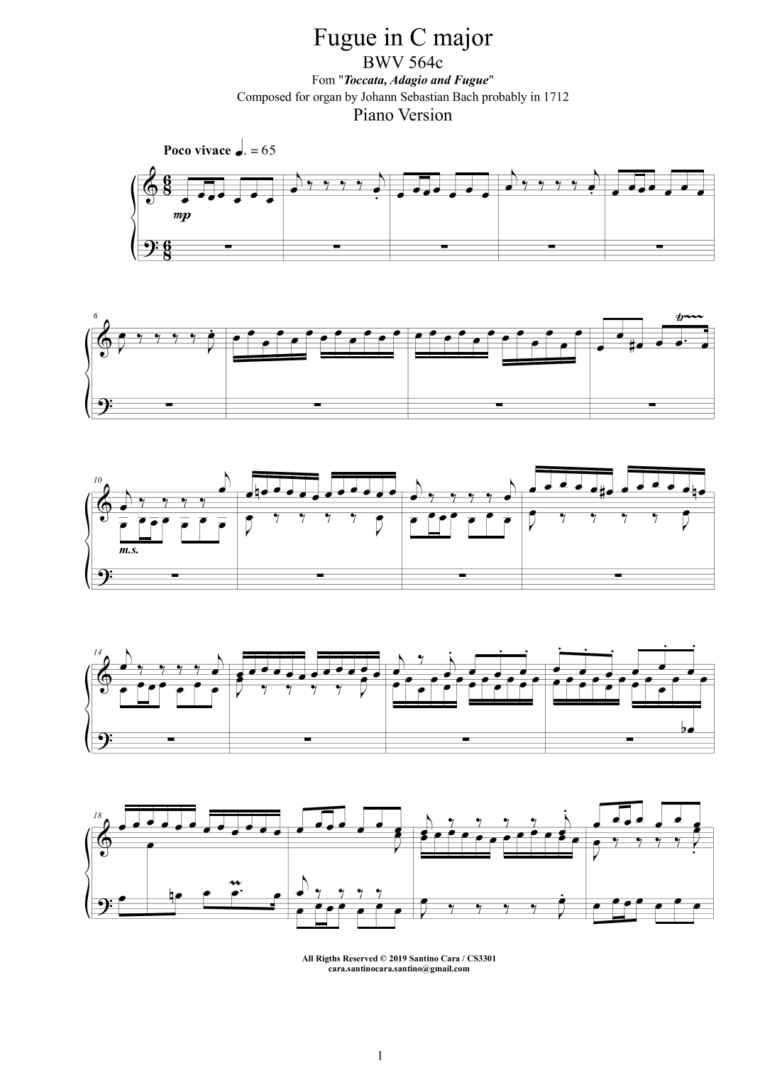 Bach - Fugue in C major BWV 564c - Piano version (arr. Santino Cara)