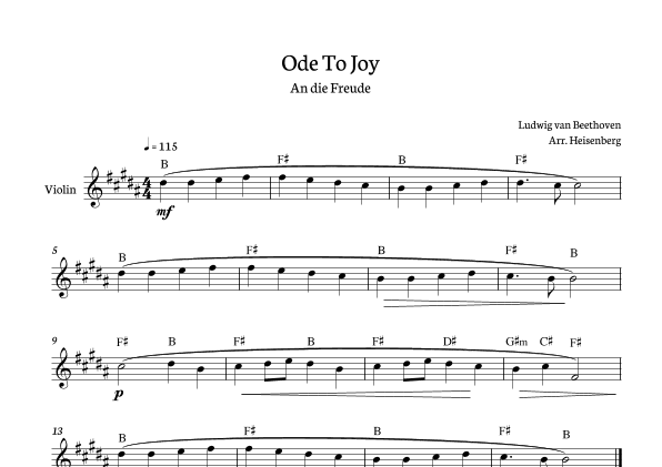 Beethoven - Ode to Joy for violin in B with chords. (arr. Heisenberg)