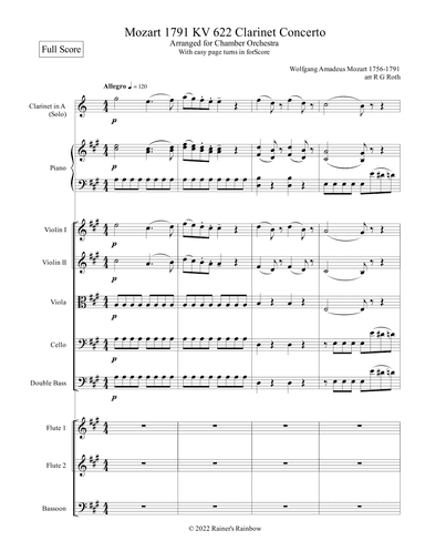 Mozart 1791 KV 622 Clarinet Concerto with Chamber Orchestra (arr. R G Roth)